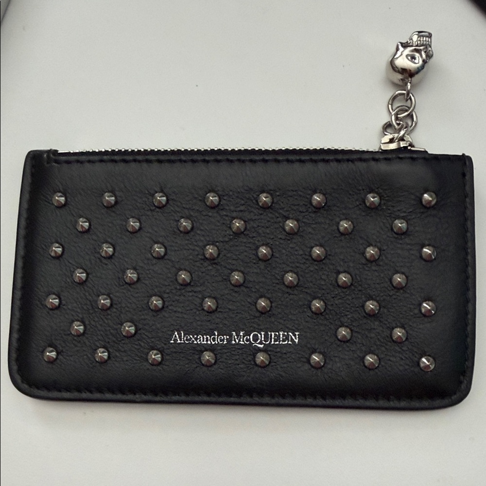 Alexander McQueen Black Studded Zip Card Holder with Skull Charm